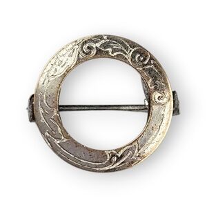 Antique Edwardian Lingerie Pin Floral Engraved Circle Silver Plated Tiny 1/2"